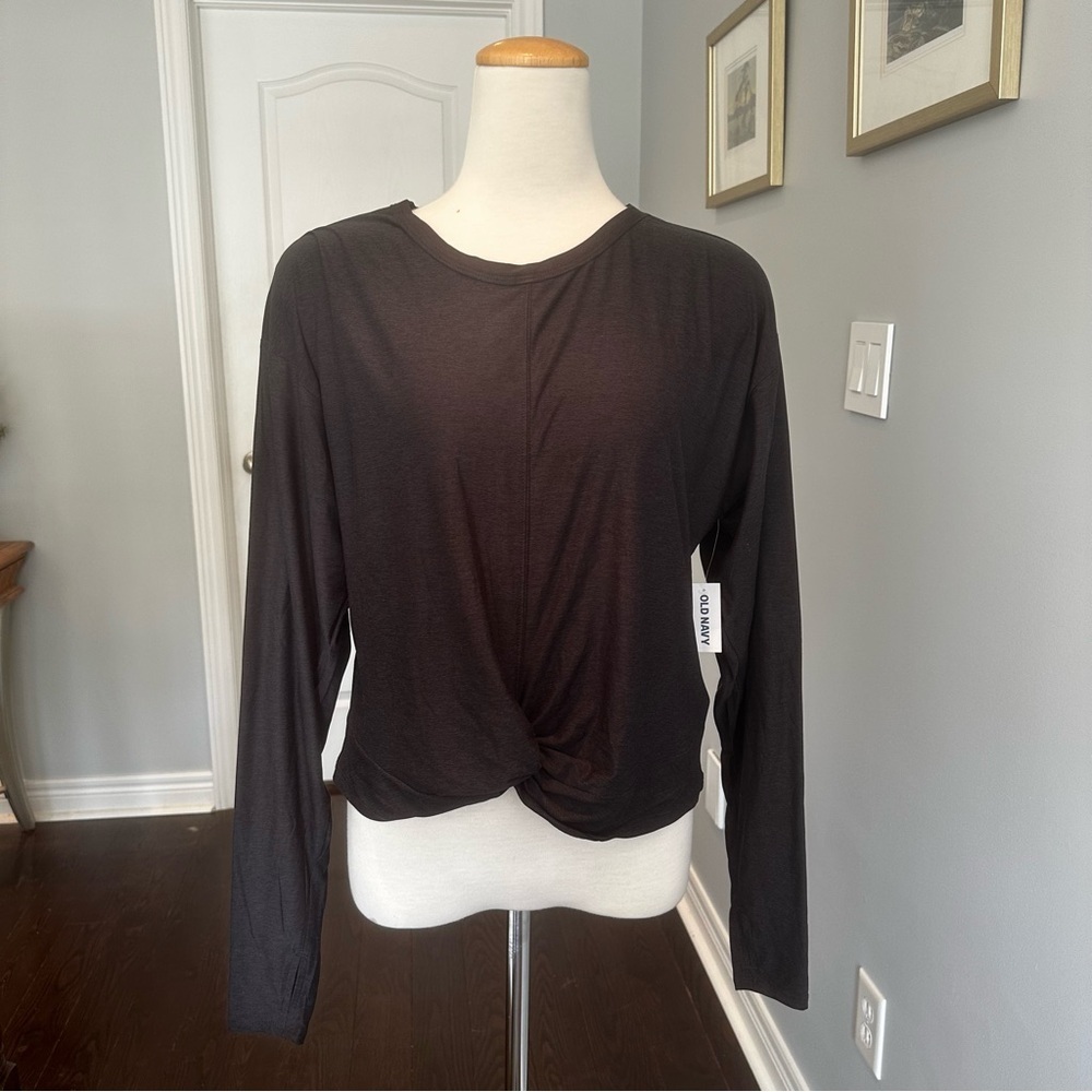 Old Navy Active Black Long Sleeve Tie Front Blouse